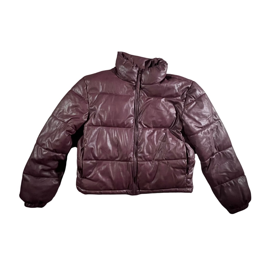 Bagatelle Puffer Jacket Womens Small Burgundy Faux Leather Full Zip Light Weight